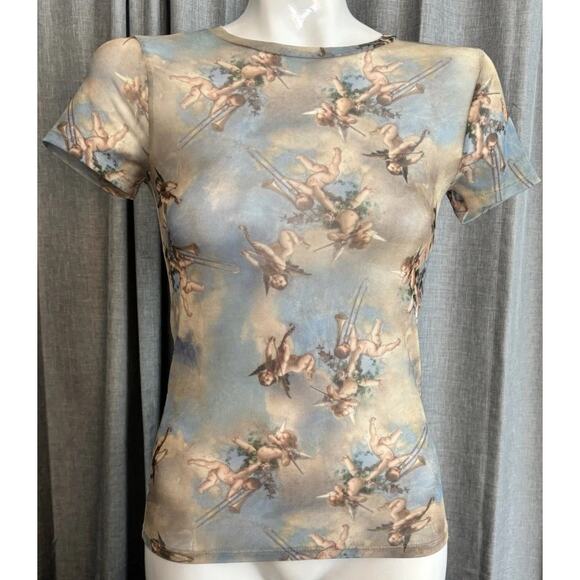 Sweet Lilac Sheer Mesh Baby Angel Cherub Print Short Sleeve Top Size S Y2K - Picture 11 of 14